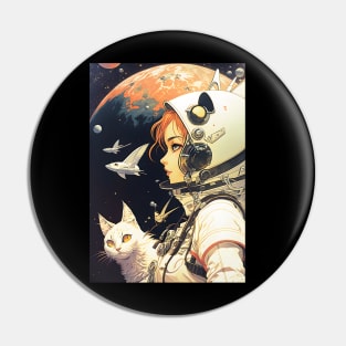 Girl and Cat in Space Fantastic Retro 70s Pin