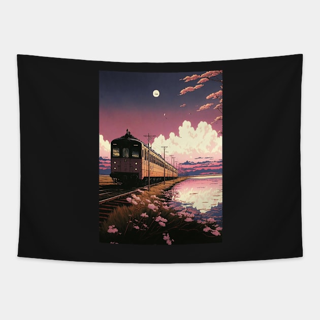 Retro Anime Style Old Japanese Train Tapestry by KaPrints