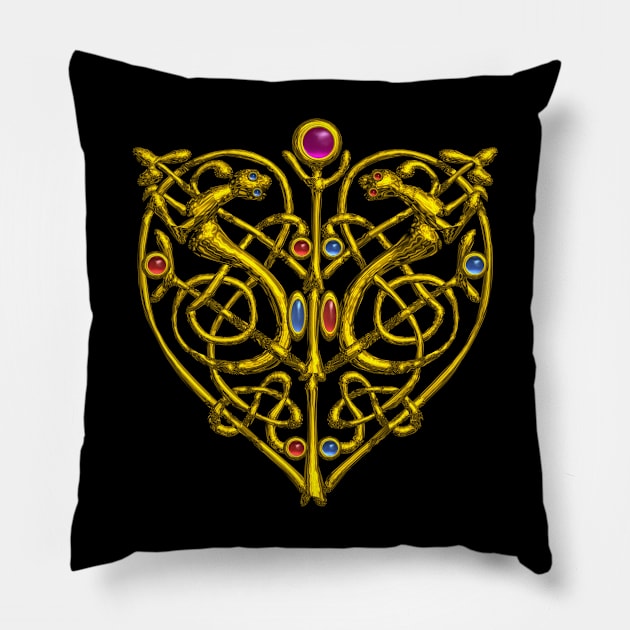 HYPER VALENTINE / GOLD CELTIC HEART WITH LIZARDS IN BLACK Pillow by BulganLumini