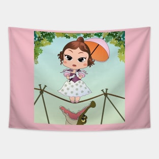 Chibi haunted mansion streching portraits tightrope walker girl Tapestry