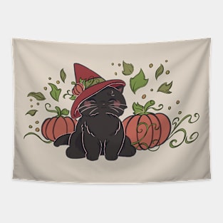 Black Autumn Pumpkin Cat Tapestry