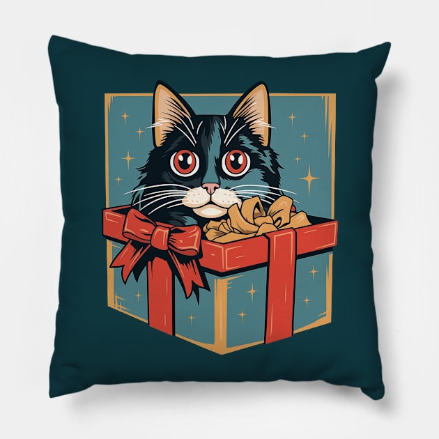 Vintage charm - adorable kitten peeking out of a holiday gift box, nostalgic design illustration for Christmas fun. Pillow by Art KateDav