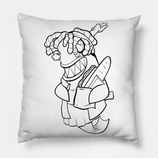 Dope shark character with a bread stick ink-pencil black-and-white illustration Pillow