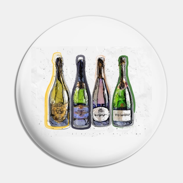 Champagne Bottle Collection Pop Art Pin by fatpuppyprod