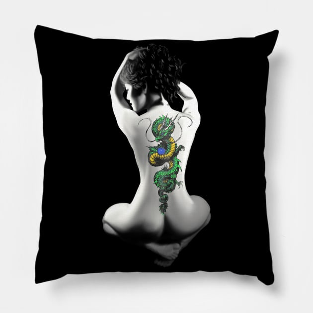 Girl with dragon tattoo Pillow by GrizzlyVisionStudio