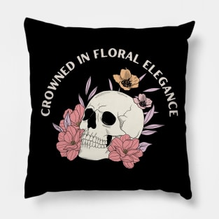 Crowned in Floral Elegance, skull with flowers Pillow