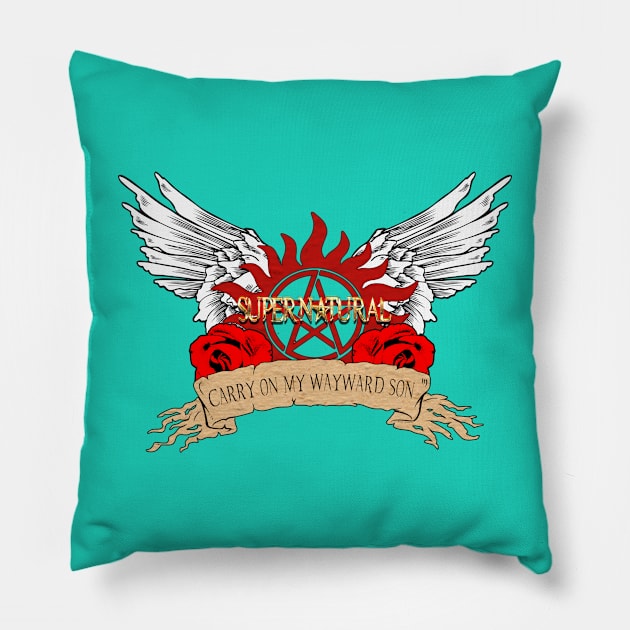 Supernatural Carry on My Wayward Son Roses Wings Pillow by Ratherkool