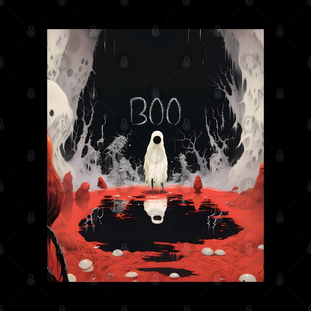 Halloween Boo 2: The White Sheet Ghost with Red Eyes Said "Boo" on a Dark Background by Puff Sumo