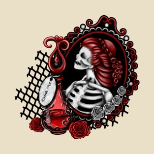 Red Skeleton Girl in Mirror Drink Me Bottle Red and White Roses T-Shirt