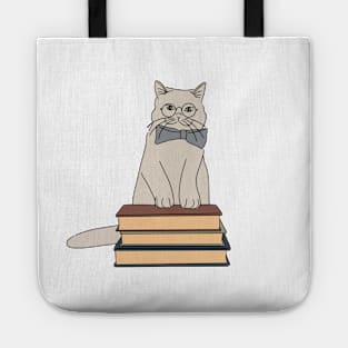 cute cat with spectacles and books digital illustration Tote