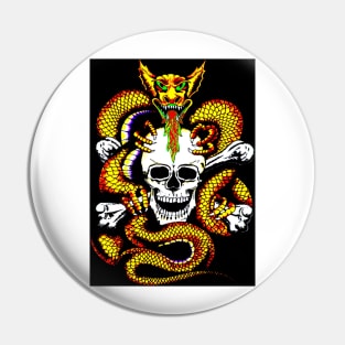 Dragon Embracing Skull and Cross Bones Print Pin