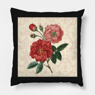 Rose Art Vintage Pink & Red Rose Design on Blush Pink, Cream Damask Pattern Pillow