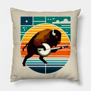 Banjo Bison Sunset Mid-Century Modern Pillow