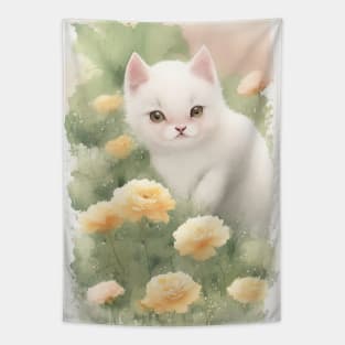 White Cat in the Flower Garden Soft Pastel Colours Tapestry