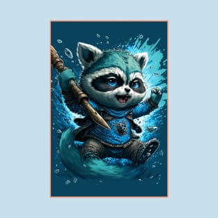 Warrior Raccoon Splash Art Smiling and holding a spear. T-Shirt