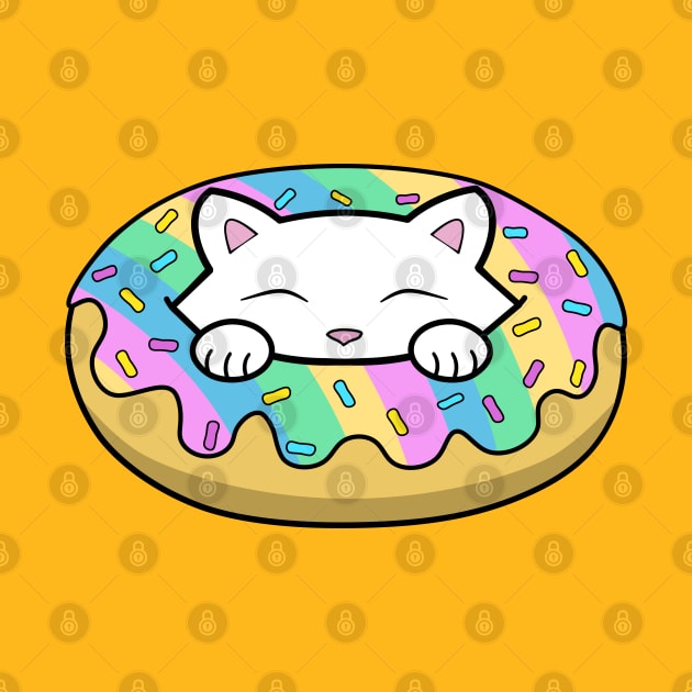 Cute white kitten eating a yummy looking rainbow doughnut with sprinkles on top of it by Purrfect