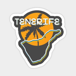 Tenerife - the administrative colors of the flag are white, blue and yellow, the outline of the island against the background of the yellow sun and palm trees Magnet