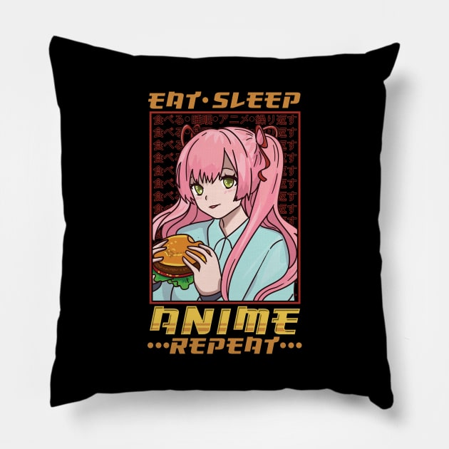 Funny Anime Obsessed Girl Eat Sleep Anime Repeat Pillow by theperfectpresents