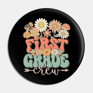 Back To School Retro Groovy Wildflower First Grade Crew Funny Teacher Girls Pin