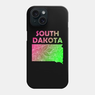 Colorful mandala art map of South Dakota with text in pink and green Phone Case