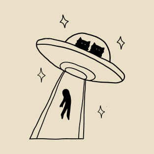 cat alien abduction line art T-Shirt