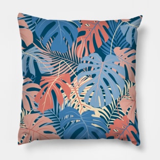 Monstera and Palm leaves pattern (Blue and pink) Pillow