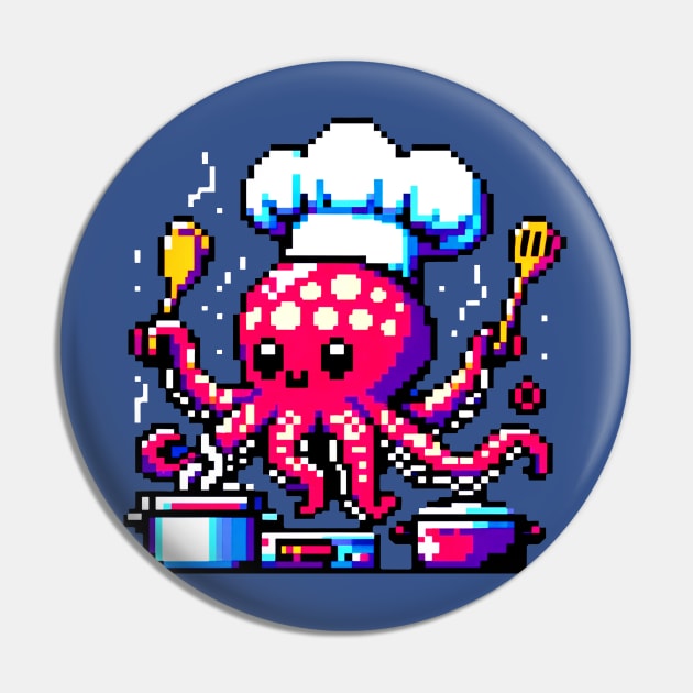 Pixel Art Chef Octopus - Vintage-Style Culinary Gaming Design Pin by Pixel Punkster