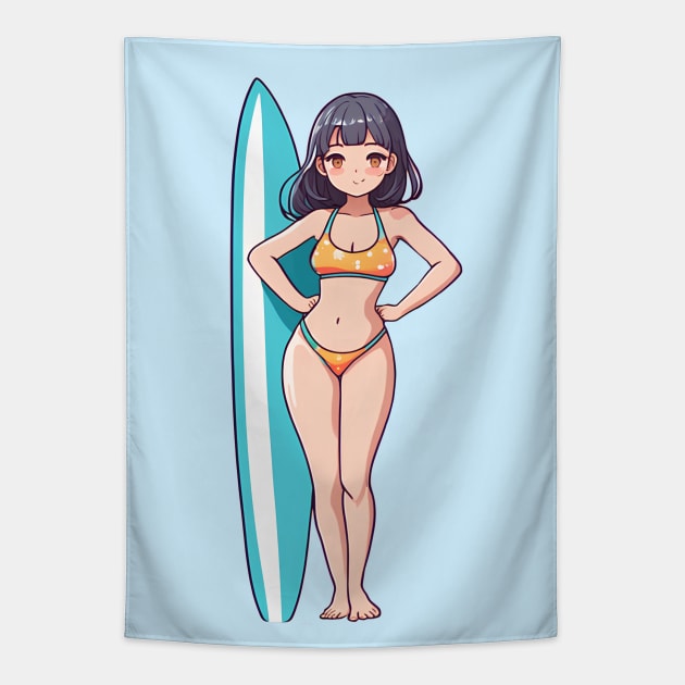 Cute anime girl bikini summer beach Tapestry by InkPulse