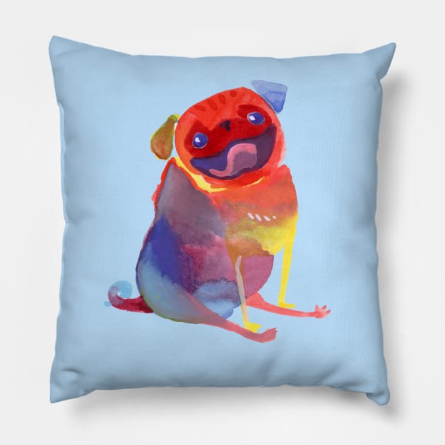 Rainbow Watercolor Pug Pillow by Inkpug