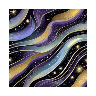 Geometric pattern of curved seamless stripes making a starry night with galaxy and stars T-Shirt