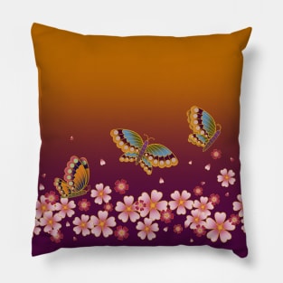 Japanese Butterflies Over Sakura Blossoms (Gold & Plum) Pillow