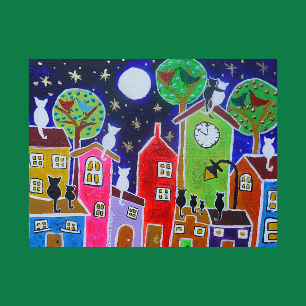 Discover Cats Moon Gazing on Quirky Colourful Houses - Cats - T-Shirt