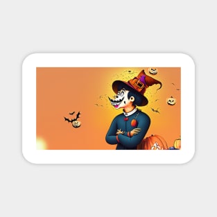 Cartoon man in witch hat surrounded by pumpkins Magnet