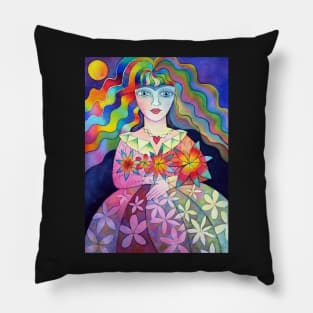 Flower girl with rainbow hair Pillow