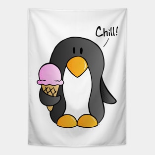 Chill! - Penguin with Strawberry Ice Cream Tapestry