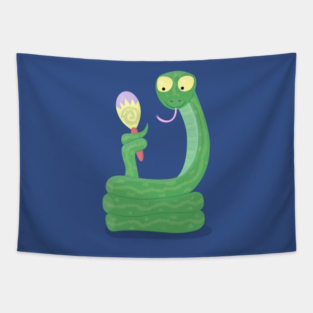 Funny green snake with maraca cartoon Tapestry by FrogFactory