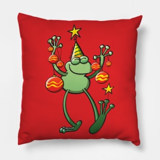 Smiling green frog decorating for Christmas Pillow