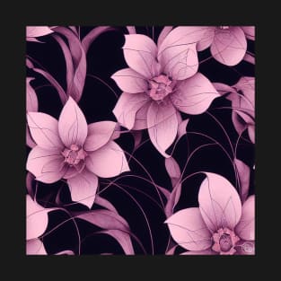 Purple Flowers with Black Background - Floral Design T-Shirt