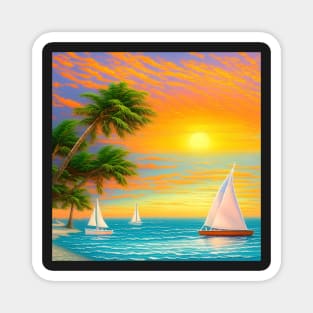 Beach Sunset Sailboats and Palm Trees Magnet