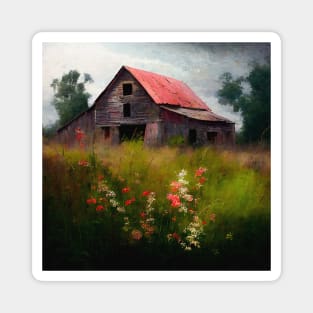 Vintage Old Barn in a field of wildflowers Painting Magnet