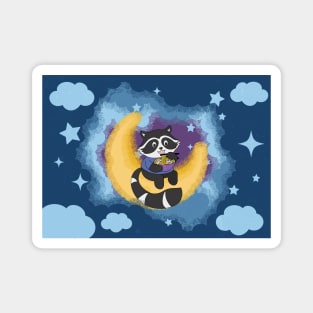 Raccoon eating noodle on the Moon illustration Magnet