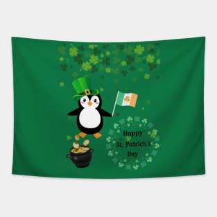 Happy St Patrick's Day Penguin With Pot of Gold and Irish Flag Tapestry