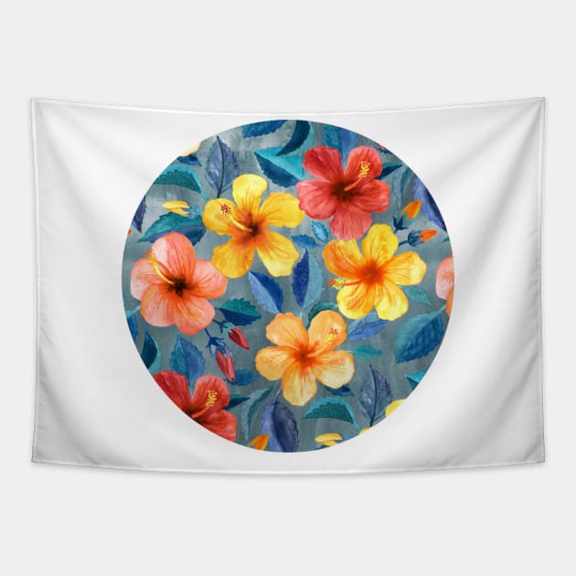 Colorful Watercolor Hibiscus on Grey Blue Tapestry by micklyn