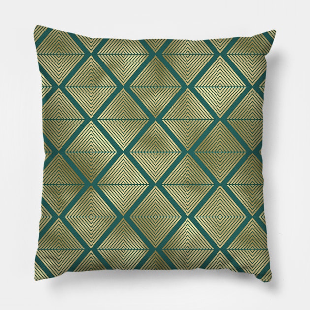 Teal and Gold Vintage Art Deco Lined Diamonds Pattern Pillow by podartist