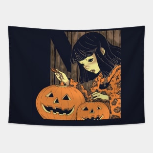 Halloween Girl looking at Pumpkin Tapestry