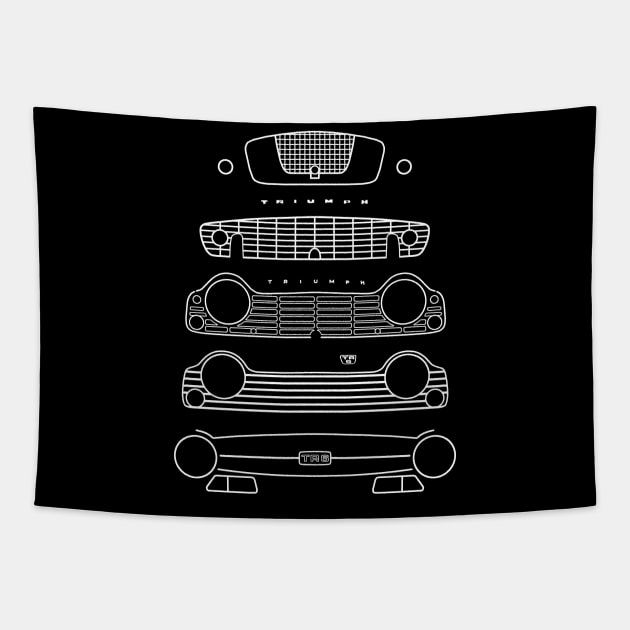 Triumph TR evolution classic 1950s-1960s British sports cars white outline graphic Tapestry by soitwouldseem