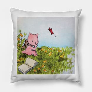 kitten reading in a meadow watercolor illustration Pillow