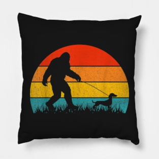 Bigfoot Walking Retro Sunset Off Sasquatch & Dachshund Dog T-Shirt Pillow