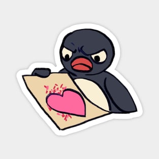 angry pingu penguin with messy heart craft meme Magnet