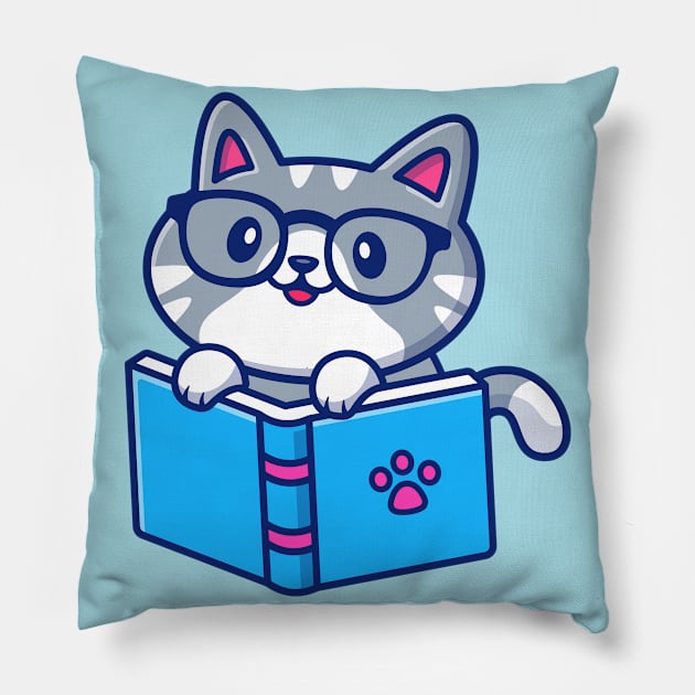 Cute cat reading book Pillow by sharukhdesign